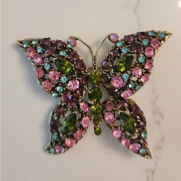 Vintage Butterfly Brooch Multicolor Rhinestones Midcentury 2 inches Pink - Picture 1 of 8